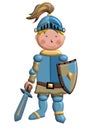 young knight holded sword and shield on white background fairy tale character