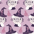 With. rystal globe and witch hat in a seamless pattern