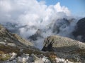 Rysy Mountain valley on a high tatra mountains-mountain valley in dense mist and clouds-Slovakia