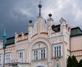 Close up view of the architectural Renassaince style of the Polish Bank building in the old town of Rzeszow