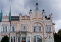 Close up view of the architectural Renassaince style of the Polish Bank building in the old town of Rzeszow