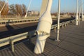 Rzeszow, Poland - 9 9 2018: Suspended road bridge across the Wislok River. Metal construction technological structure. Modern arch