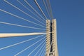 Rzeszow, Poland - 9 9 2018: Suspended road bridge across the Wislok River. Metal construction technological structure. Modern arch