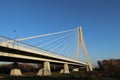Rzeszow, Poland - 9 9 2018: Suspended road bridge across the Wislok River. Metal construction technological structure. Modern