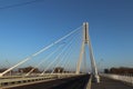 Rzeszow, Poland - 9 9 2018: Suspended road bridge across the Wislok River. Metal construction technological structure. Modern