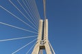 Rzeszow, Poland - 9 9 2018: Suspended road bridge across the Wislok River. Metal construction technological structure. Modern Royalty Free Stock Photo