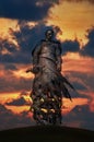 Rzhev, Russia - 12 October, 2020 Memorial to the Soviet soldier in tragic sunset lighting. Memorial complex memory Soviet soldiers