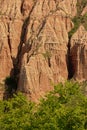 detail of the sunny pink rocks and green trees of Rapa Rosie , the grand canyon of Romania, under a clear blue sky Royalty Free Stock Photo