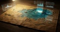A futuristic holographic analysis hovers over an antique three dimensional relief map Royalty Free Stock Photo