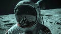 1960s astronaut with lunar landscape reflection, detailed spacesuit, dark space backdrop Royalty Free Stock Photo