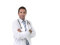 40s attractive and happy male medicine doctor with stethoscope happy in medical gown Royalty Free Stock Photo