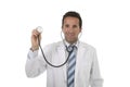 40s attractive male medicine doctor holding stethoscope wearing medical gown standing proud smiling happy