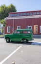 1950`s Austin A-35 green van in front of Wanganui`s museum of pre 1930`s trams