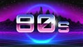 80s Banner. Big Chrome Letters. Perspective Grid. Pink Wireframe Mountain. Synthwave Retro Future Style. Blue Circle Neon Glow