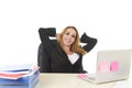 40s blond businesswoman working at office laptop computer relaxed and smiling happy Royalty Free Stock Photo