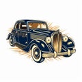 1950s Blue luxury vintage classic car, American car hand drawn in sketch style cartoon clipart. Royalty Free Stock Photo