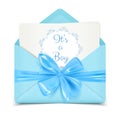 It`s a boy baby shower cute card invitation with blue envelope and decorative bow, vector illustration