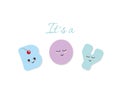 It`s a boy baby shower. Kawaii bold colorful letters. Cute stickers emoticons.