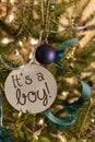 Baby Announcement Banner Hangs in Christmas Tree