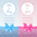 It`s a boy/girl baby shower cute card invitation with blue and pink bow, vector illustration Royalty Free Stock Photo