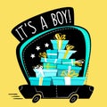 It`s a boy greeting post card or sticker , cartoon wrong perspective minimal flat style. running car full of presents , gifts stac