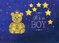 It`s a Boy Illustration with Sparkle Gold Bear on Dreamy Night Blue Background with Stars