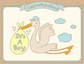 It`s A Boy Stork Special Delivery. Baby Shower Announcement Card. Vector Illustration.