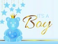 It`s a Boy Vector Illustration with Blue Bear, Crown and Stars and Gold Elements