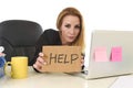 40s businesswoman holding help sign working desparate suffering