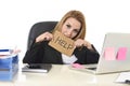 40s businesswoman holding help sign working desparate suffering