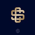 S and C letters. S, C monogram consist of intertwined gold lines, isolated on a dark background.