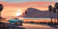 1960s California summer: minimalist car cruising coastal highway