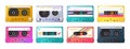 90s cassette tape. Old music audio record, retro stereo compact disco player in rock vintage style, 80s labels. Colorful