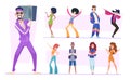 80s characters. Stylish disco people in casual clothes fashioned jackets pants and jeans vintage collection exact vector