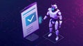 It's a check list isometric landing page. A businessman or scientist holding a tick icon stands near an ai robot