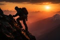 A 30s climber scales a mountain, silhouetted by a stunning sunset