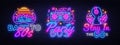 80`s collection neon signs vector. Back to the 80s design template concept. Neon banner background design, night symbol