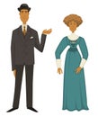 Retro fashion of 1910s, man in suit and hat, woman in dress with jabot Royalty Free Stock Photo