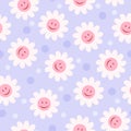 70Ã¢â¬â¢s cute seamless smiley face daisy pattern with flowers. Floral hippie funky vector background. Perfect for creating fabrics