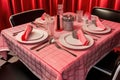 1950s diner table setting with checkered napkins