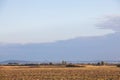 Panorama of Belgrade, Serbia with a chimney and towers in the skyline, from the borough of Borca with agricultural fields.