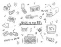 90s doodle set. Vector collection of retro electronics and things from 1990s. Trendy vintage design elements on white background. Royalty Free Stock Photo