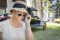 1920s Dressed Girl Near Vintage Car Outdoors Portrait