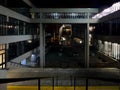 The 1960s e c stoner roger stevens and earth sciences buildings joined by the sky bridge illuminated at night at the university of