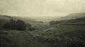 1890s english countryside platinum print in soft grey tones, photorealistic rolling hills, high res