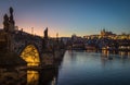 It`s evening in the city of Prague. View of the castle and the Charles bridge. Royalty Free Stock Photo