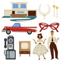 1950s fashion style and architecture, epoch symbols, technology and car Royalty Free Stock Photo