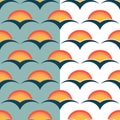 70s fashion style, rainbow sunset seamless pattern. Geometric half circle, stylized seagal shapes. Warm red yellow