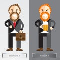 It`s Friday vector concept, Businessman drinking beer with man on monday