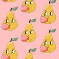 90s Fruit Funny Retro Groovy Pattern with Cartoon Hippie Character. Comic Character of Pears chewing gum with a face Royalty Free Stock Photo